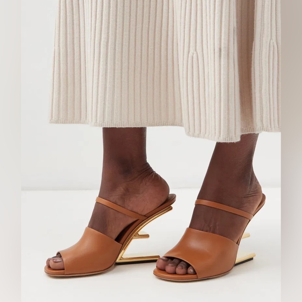 Fendi Tan and Gold Heeled Sandals